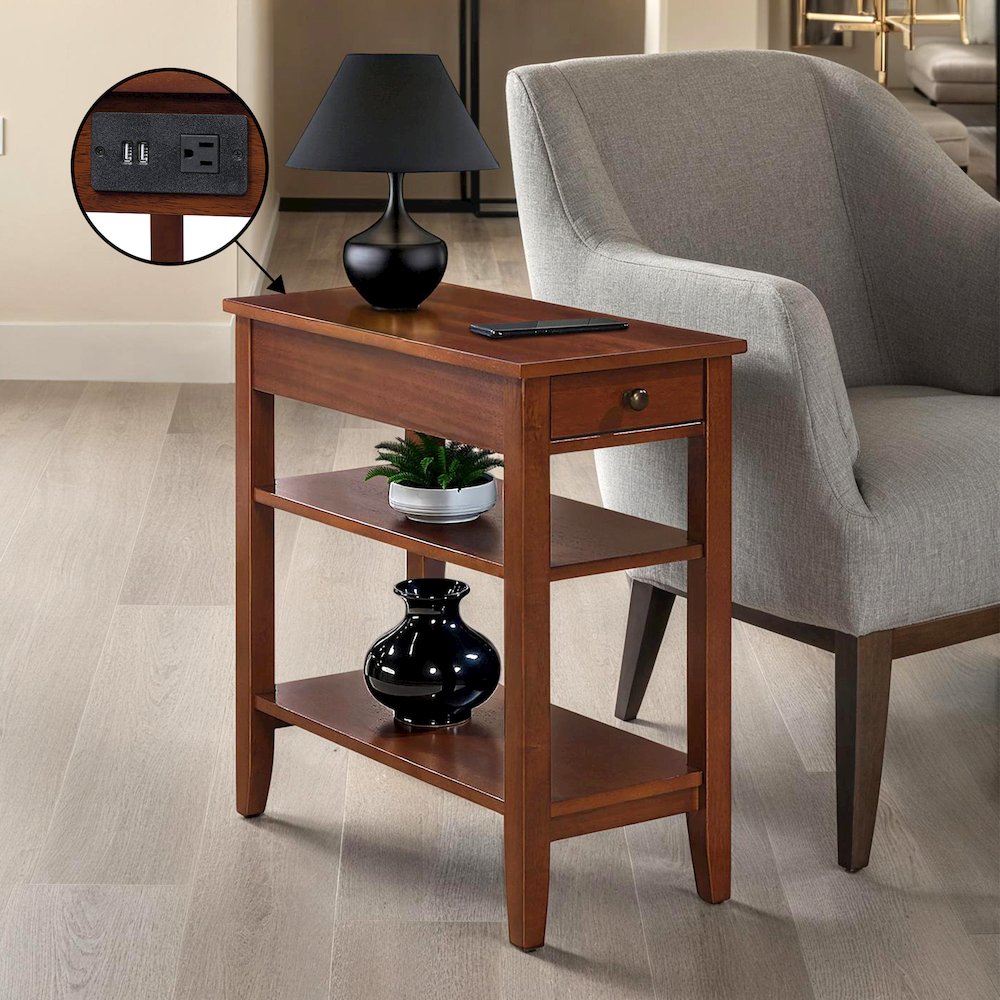 American Heritage 1 Drawer Chairside End Table with Charging Station and Shelves. Picture 1