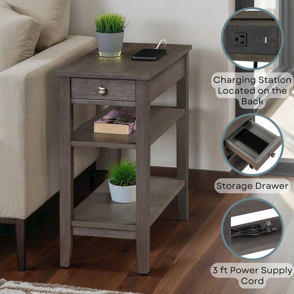 American Heritage 1 Drawer Chairside End Table with Charging Station and Shelves. Picture 4