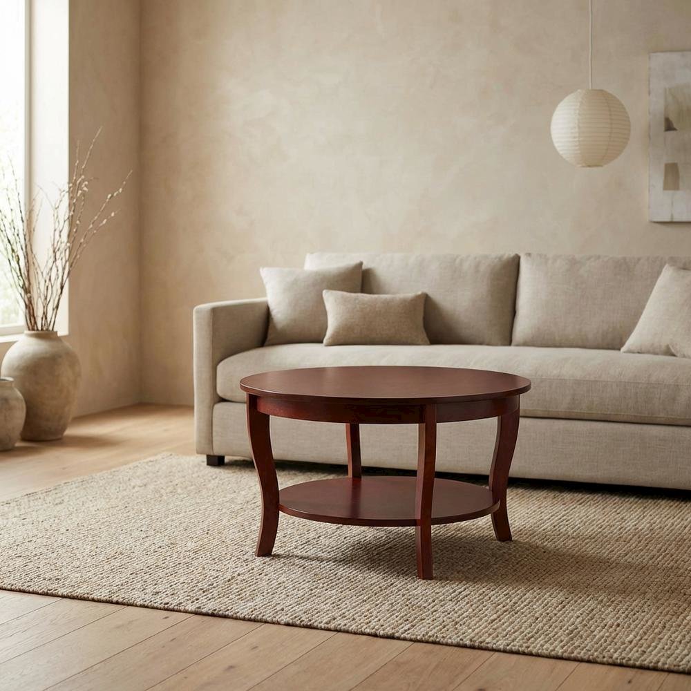 Distressed Round Coffee Table with Shelf in Classic Style, 30-Inch Diameter. Picture 3