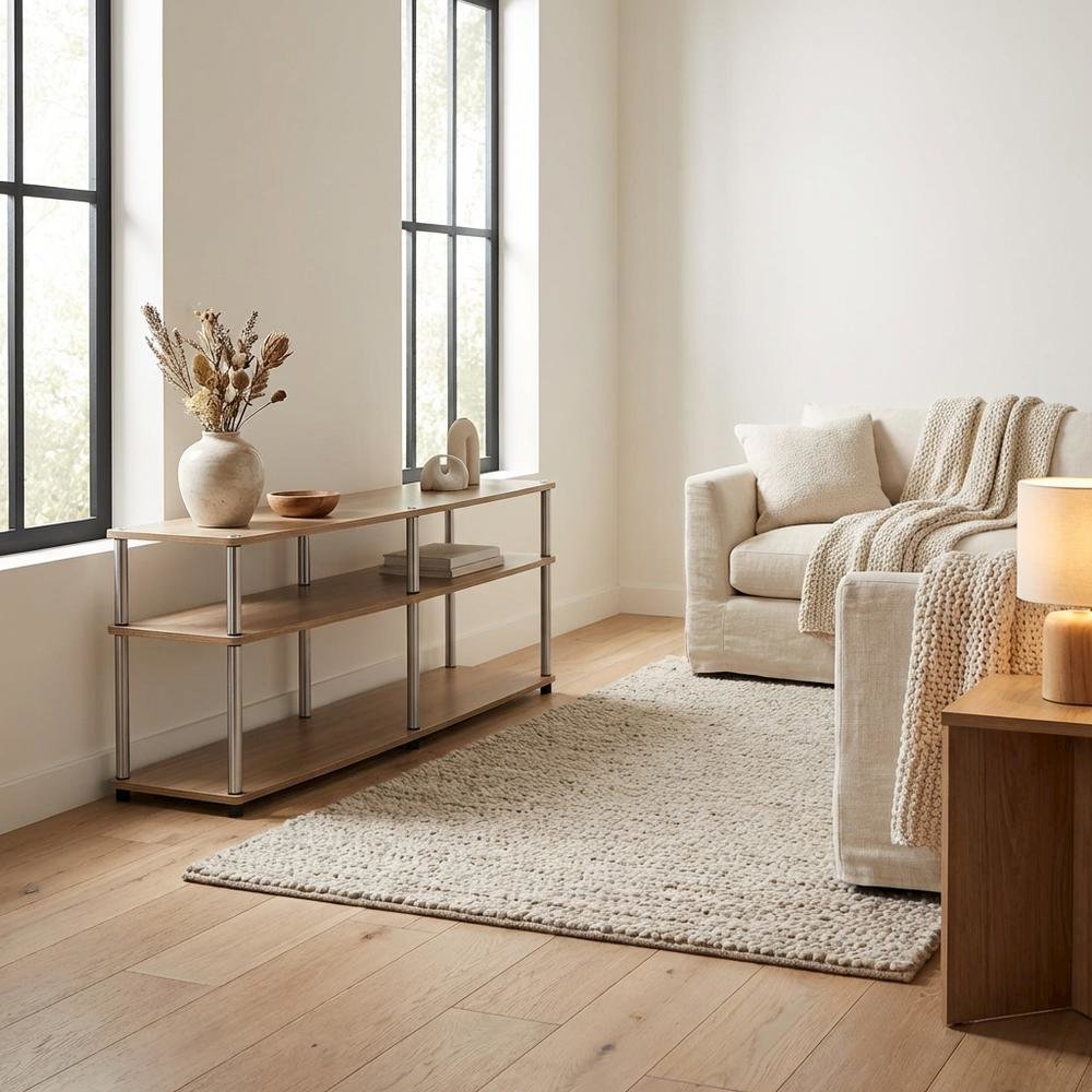 Light Oak TV Stand with 3 Tiers and Stainless Steel Poles. Picture 3