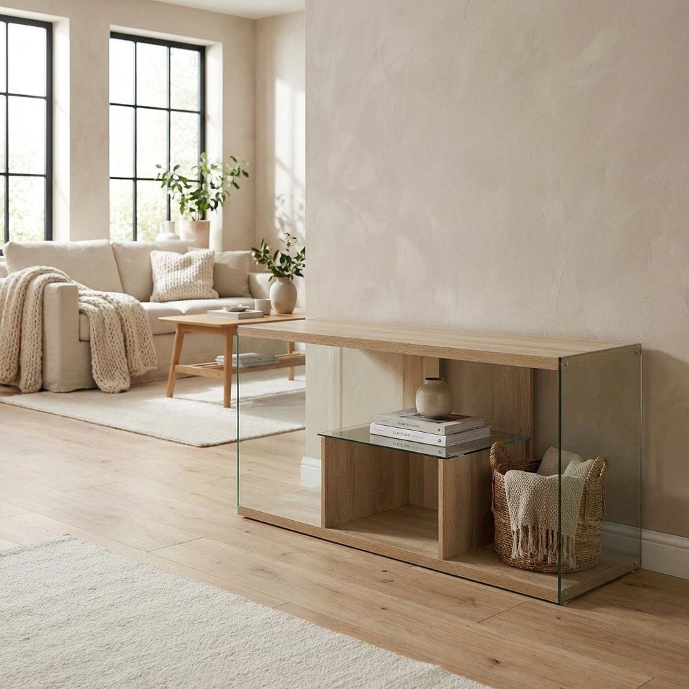 Weathered White TV Stand with Tempered Glass and Particle Board Surface. Picture 3