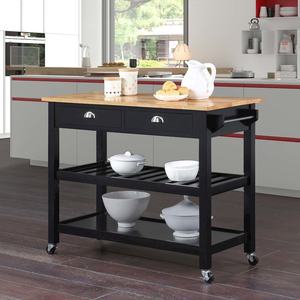 American Heritage 3 Tier Butcher Block Kitchen Cart with Drawers, Butcher Block/Black. Picture 2