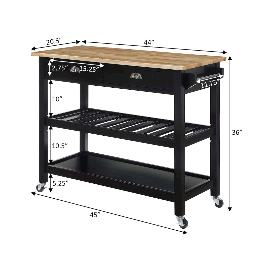 American Heritage 3 Tier Butcher Block Kitchen Cart with Drawers, Butcher Block/Black. Picture 9