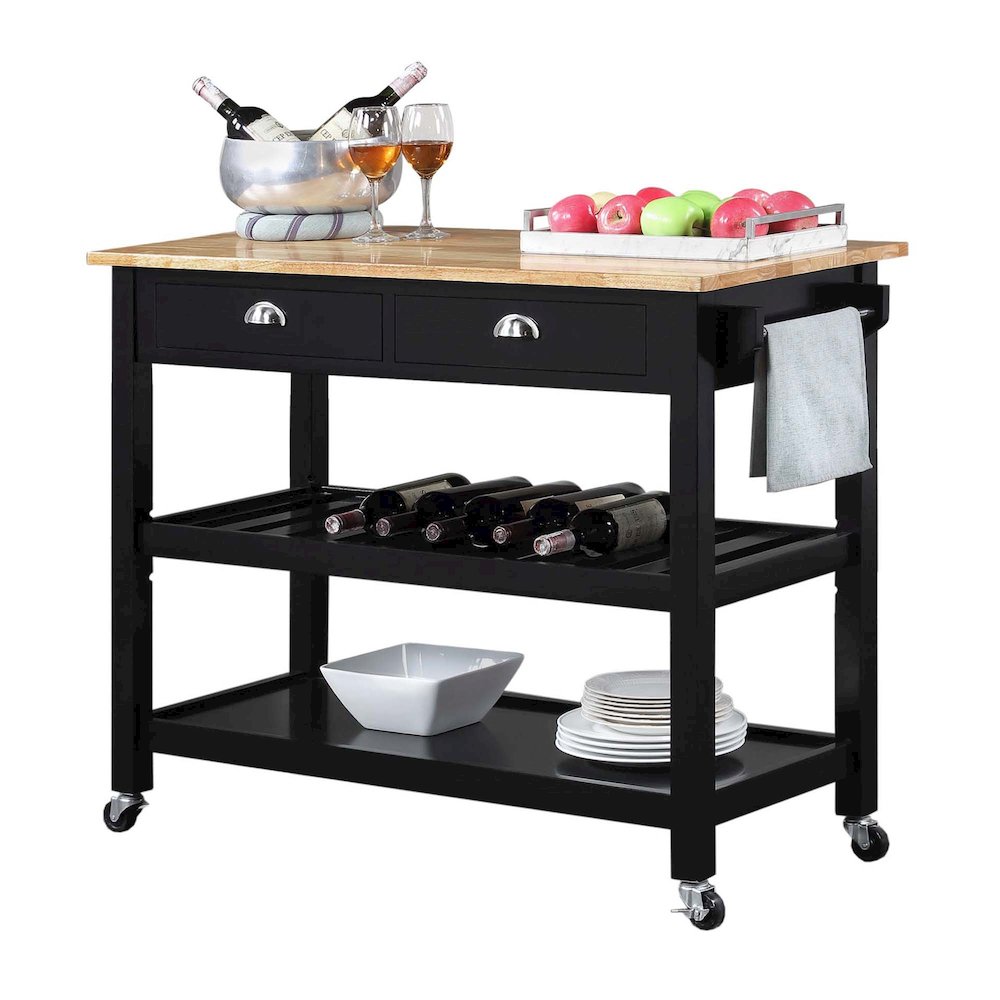 American Heritage 3 Tier Butcher Block Kitchen Cart with Drawers, Butcher Block/Black. Picture 3