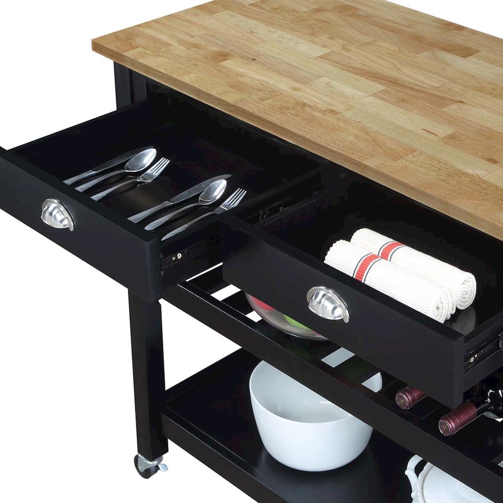 American Heritage 3 Tier Butcher Block Kitchen Cart with Drawers, Butcher Block/Black. Picture 4