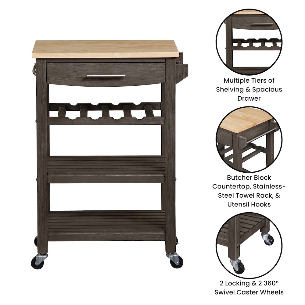 Ellaine 4 Tier Butcher Block Kitchen Cart with Drawer and Wine Rack. Picture 9
