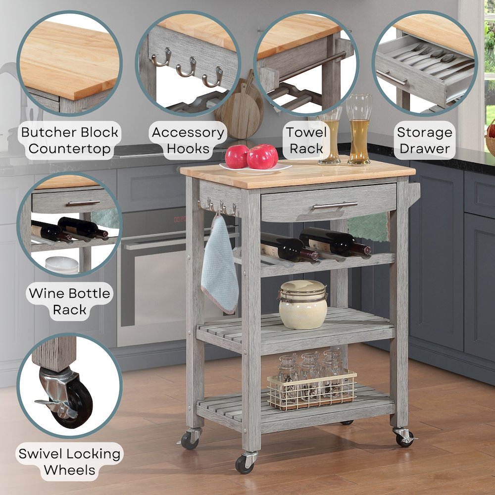 Ellaine 4 Tier Butcher Block Kitchen Cart with Drawer and Wine Rack. Picture 4