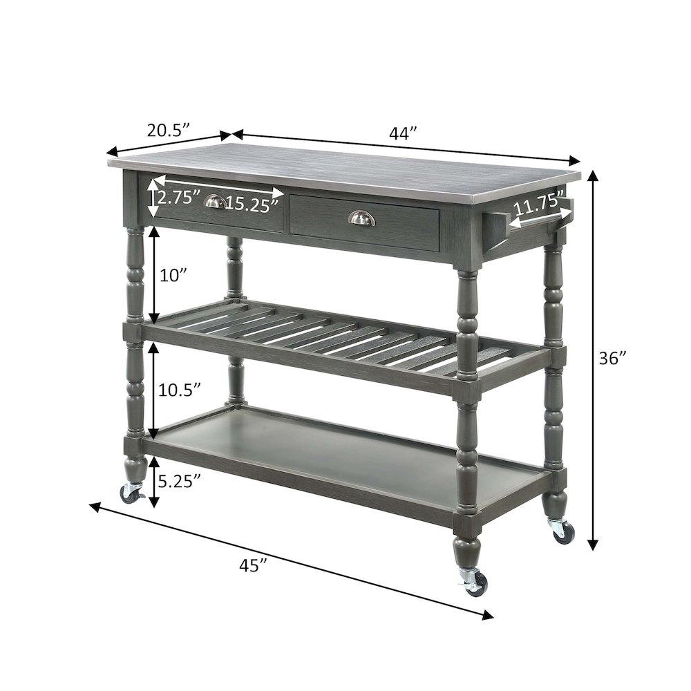 French Country 3 Tier Stainless Steel Kitchen Cart with Drawers. Picture 9