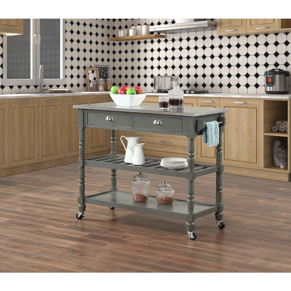 French Country 3 Tier Stainless Steel Kitchen Cart with Drawers. Picture 2