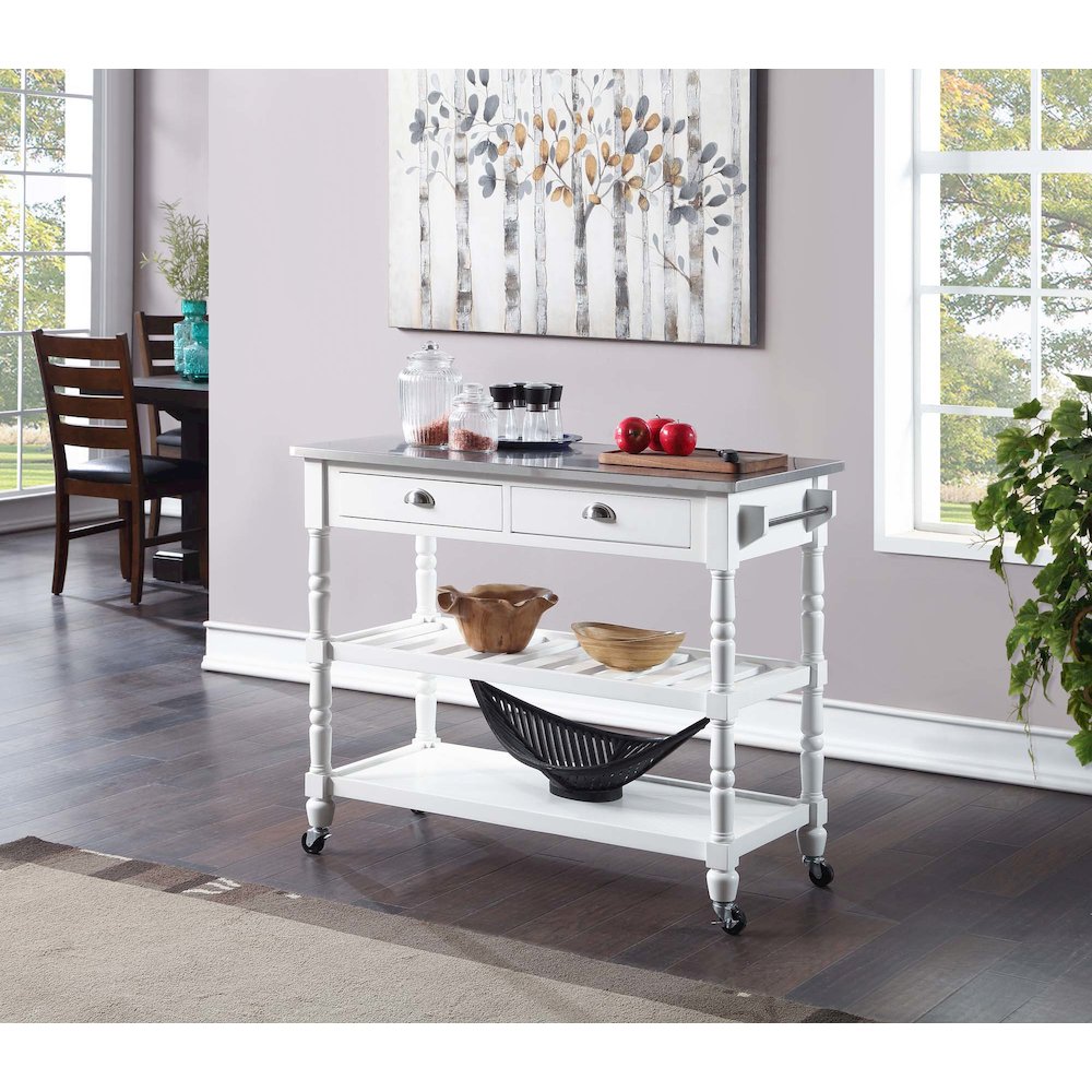 French Country 3 Tier Stainless Steel Kitchen Cart with Drawers. Picture 2