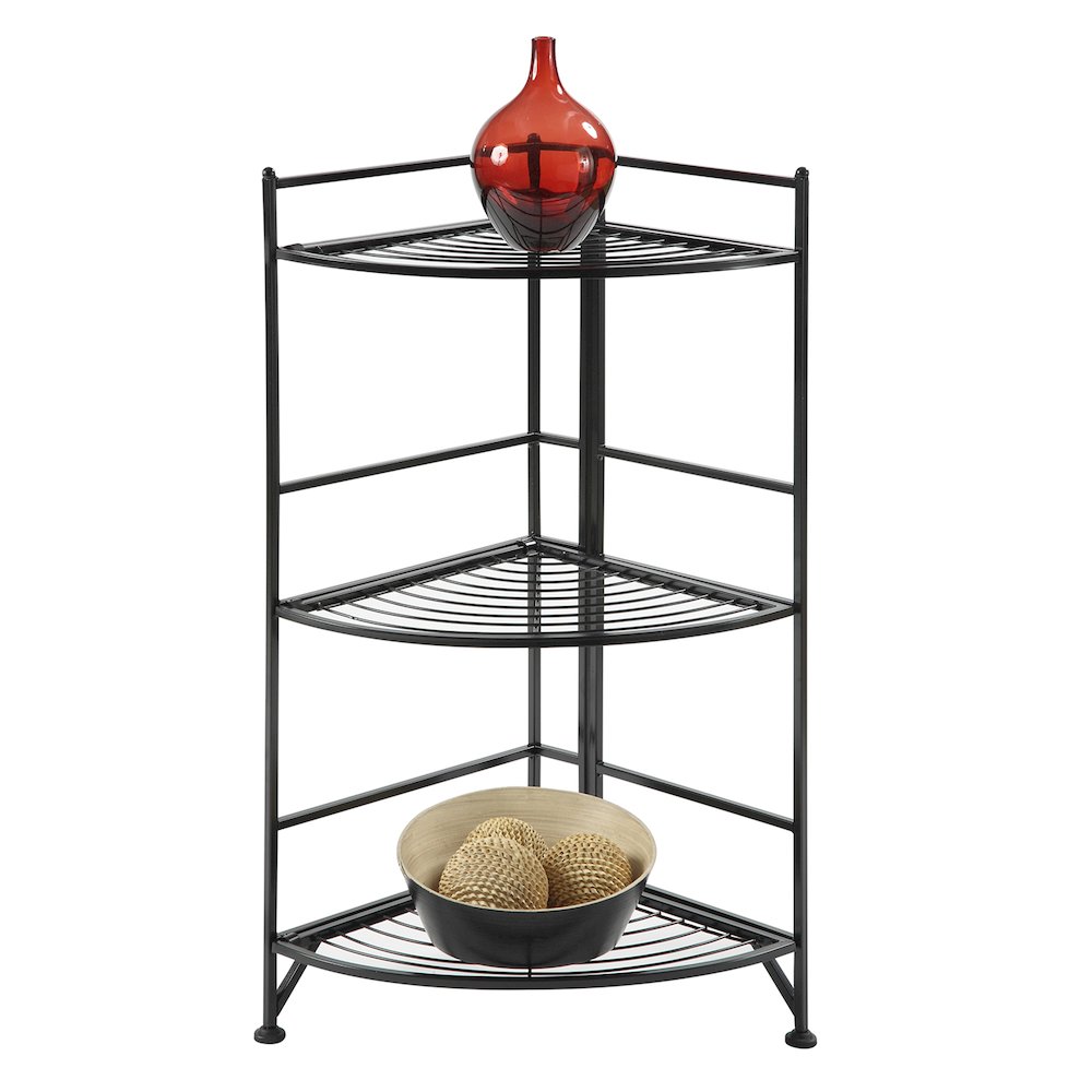 Xtra Storage 3 Tier Corner Folding Metal Corner Shelf Black. Picture 3