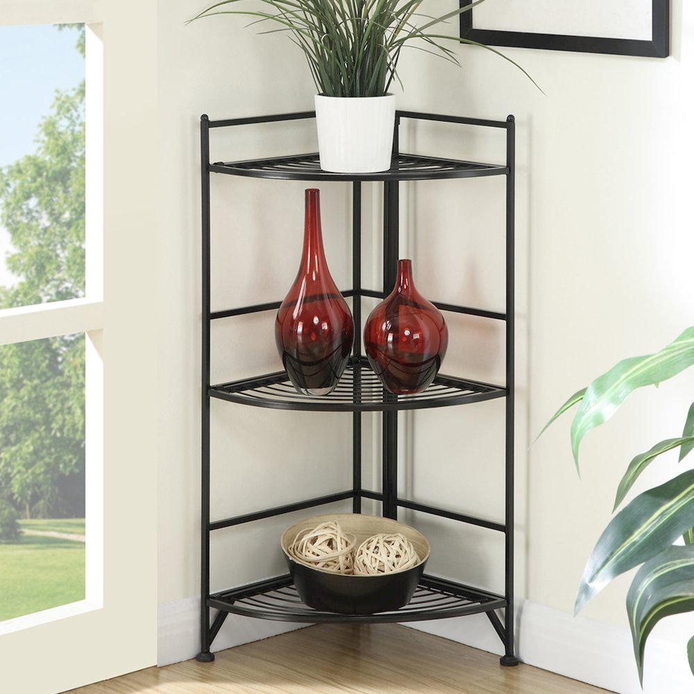 Xtra Storage 3 Tier Corner Folding Metal Corner Shelf Black. Picture 2