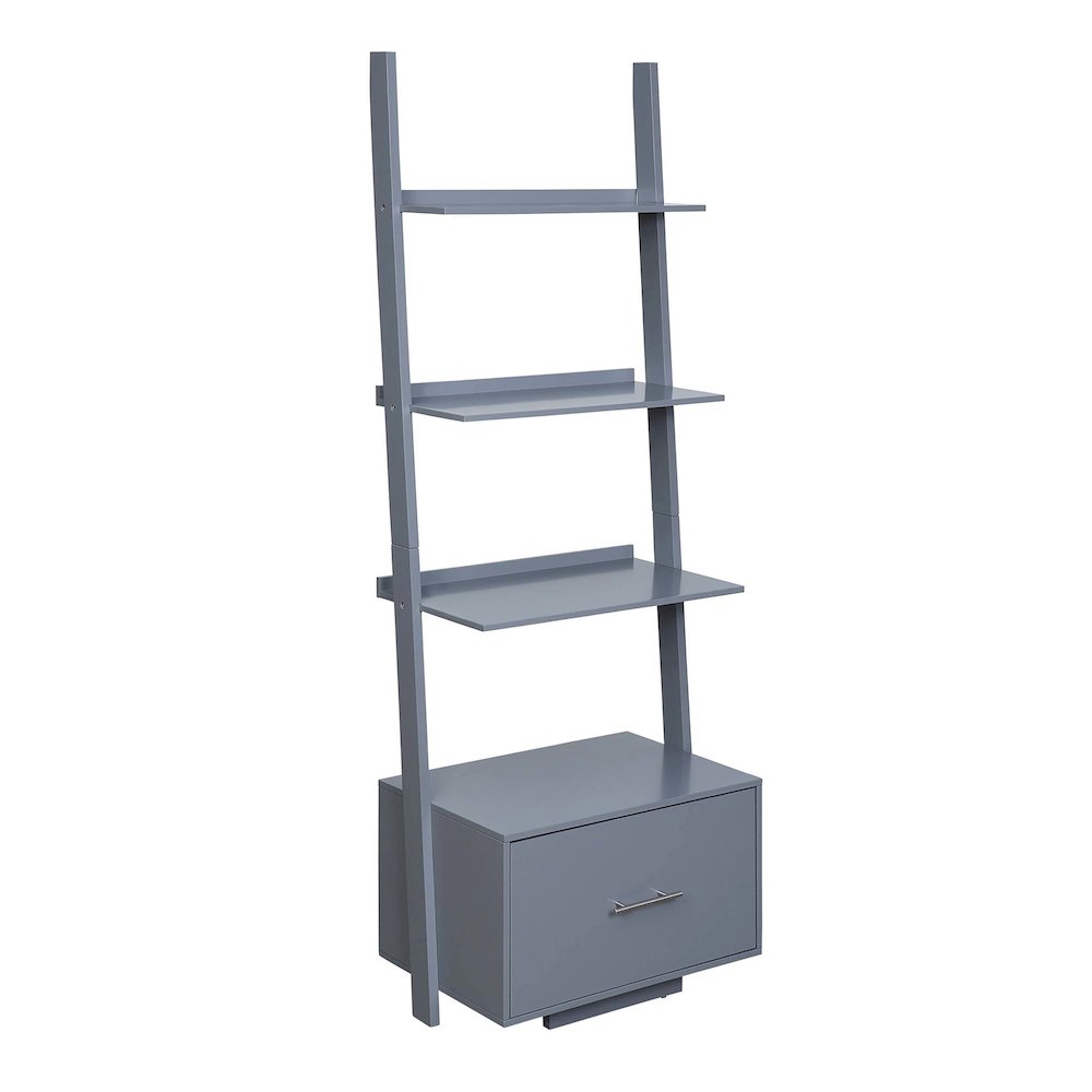 American Heritage Ladder Bookshelf with File Drawer, Gray. Picture 1