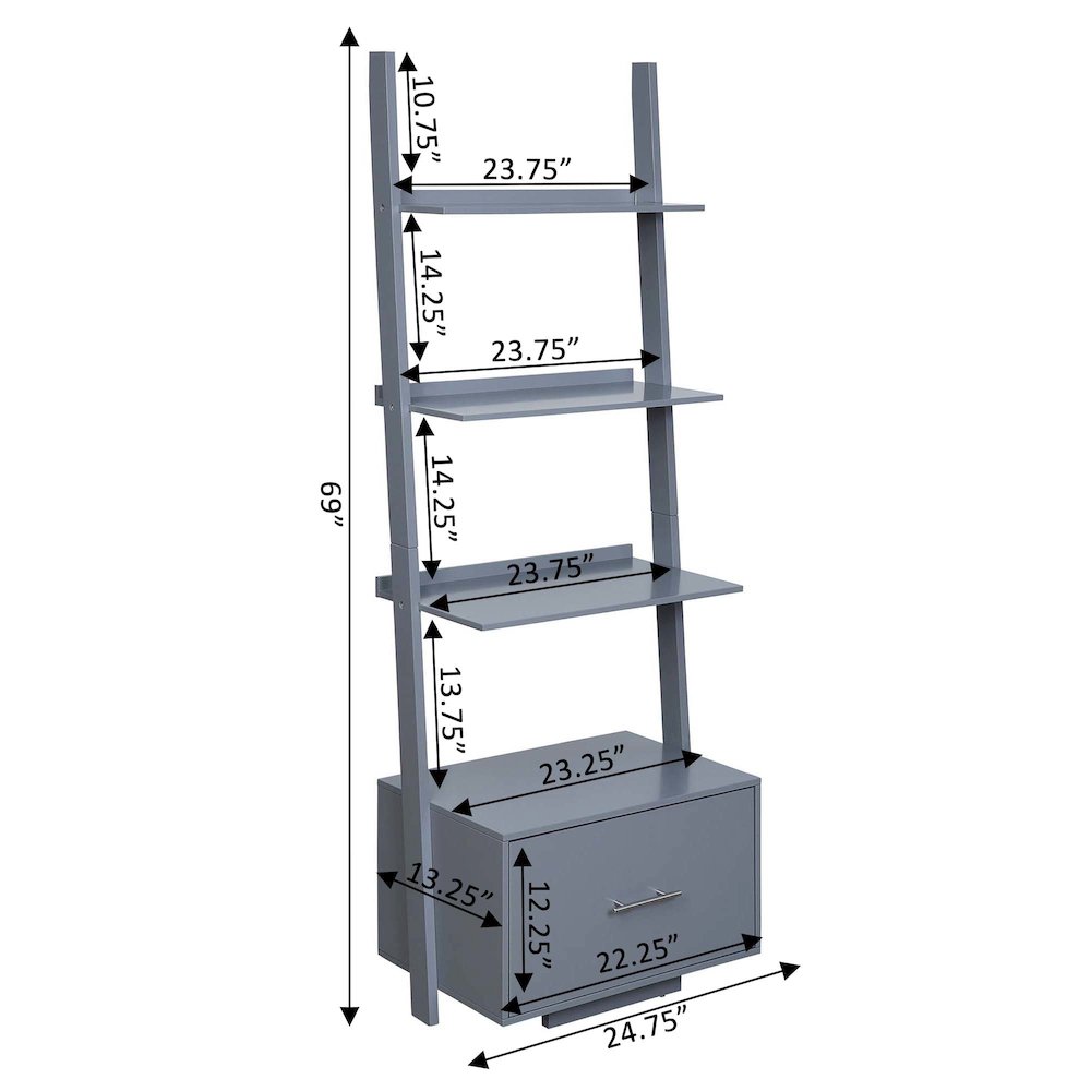 American Heritage Ladder Bookshelf with File Drawer, Gray. Picture 7