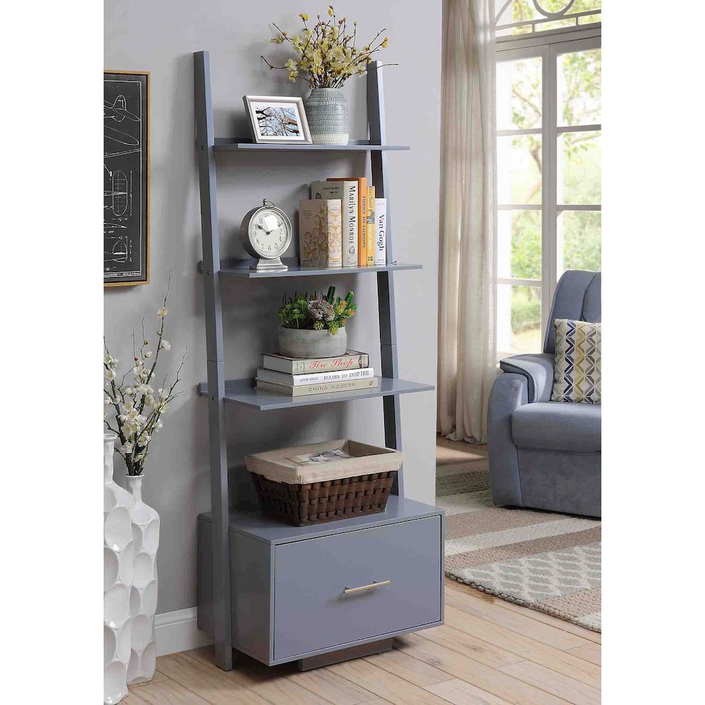 American Heritage Ladder Bookshelf with File Drawer, Gray. Picture 2