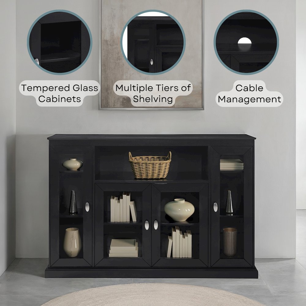 Summit Highboy TV Stand with Storage Cabinets and Shelves, Black Finish. Picture 3