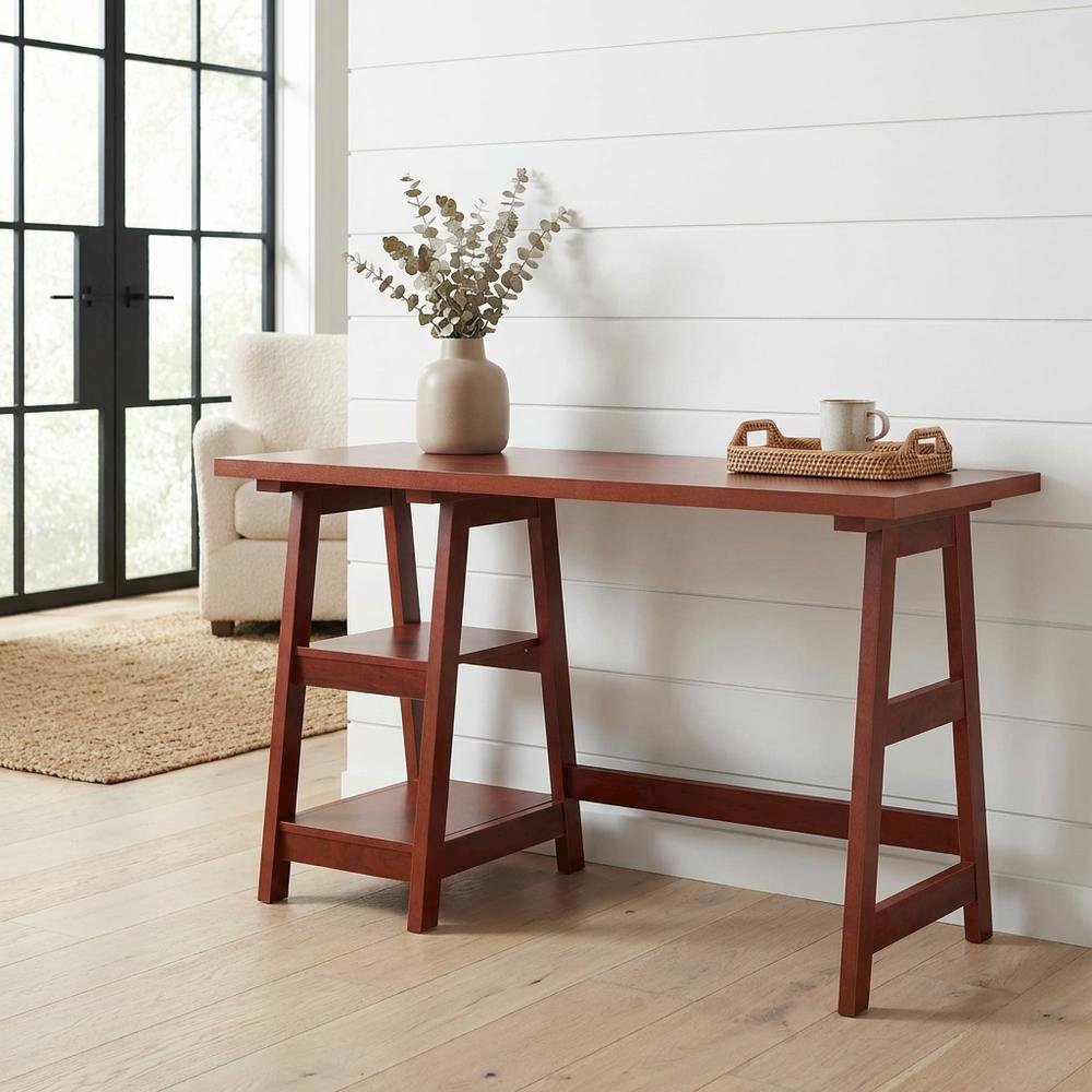 Cherry Trestle Desk, Integrated Charging Station, Melamine Finish. Picture 2