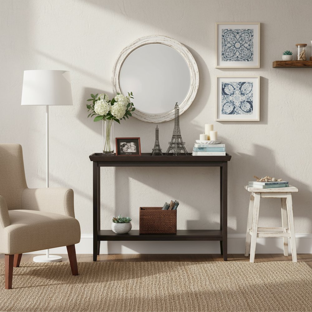 Hall Console Table with Raised Ledge Top, Solid Legs, Black Finish, 48-inch Wide. Picture 2