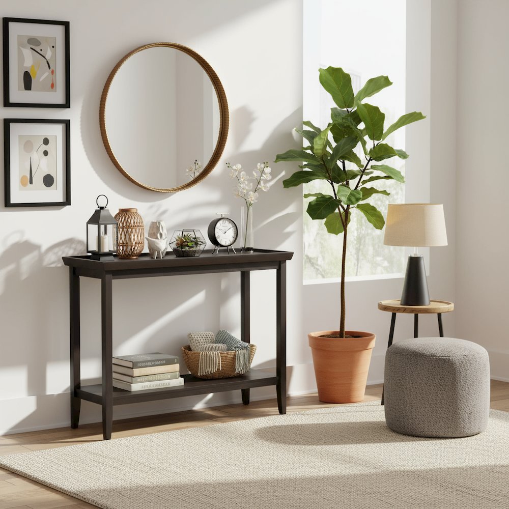 Hall Console Table with Raised Ledge Top, Solid Legs, Black Finish, 48-inch Wide. Picture 3