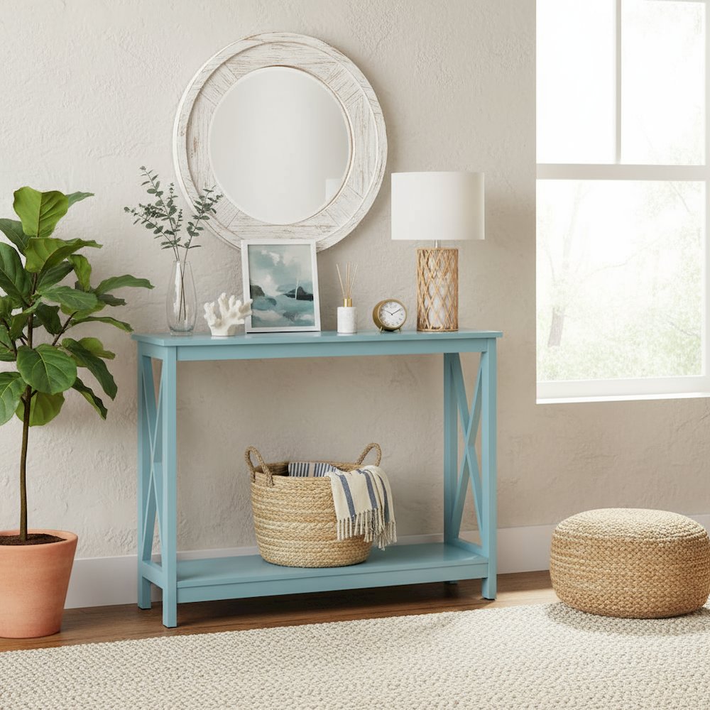 Console Table 2 Shelves, 39.5-inch Wide, Spacious Design, Blue Woodgrain Accent. Picture 2