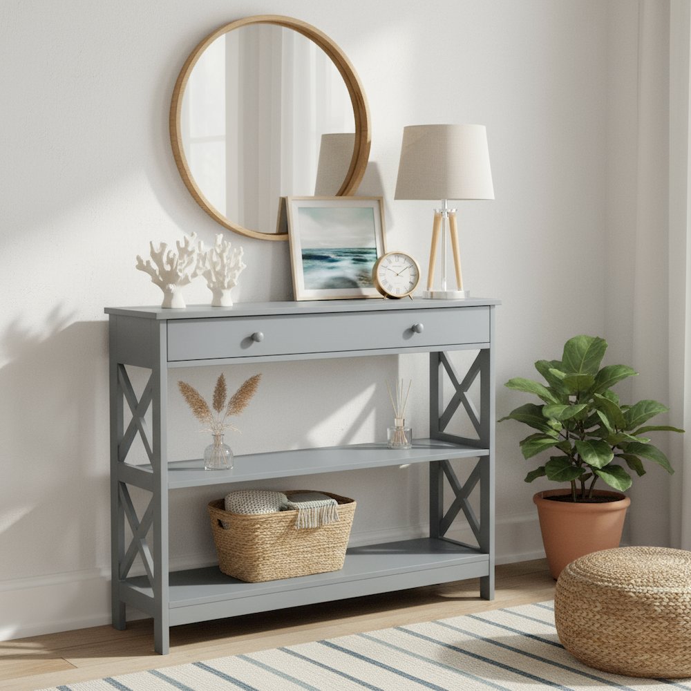 Console Table with 1 Drawer and 3 Tiers of Shelving, Gray Wood, 12-inch Depth. Picture 2