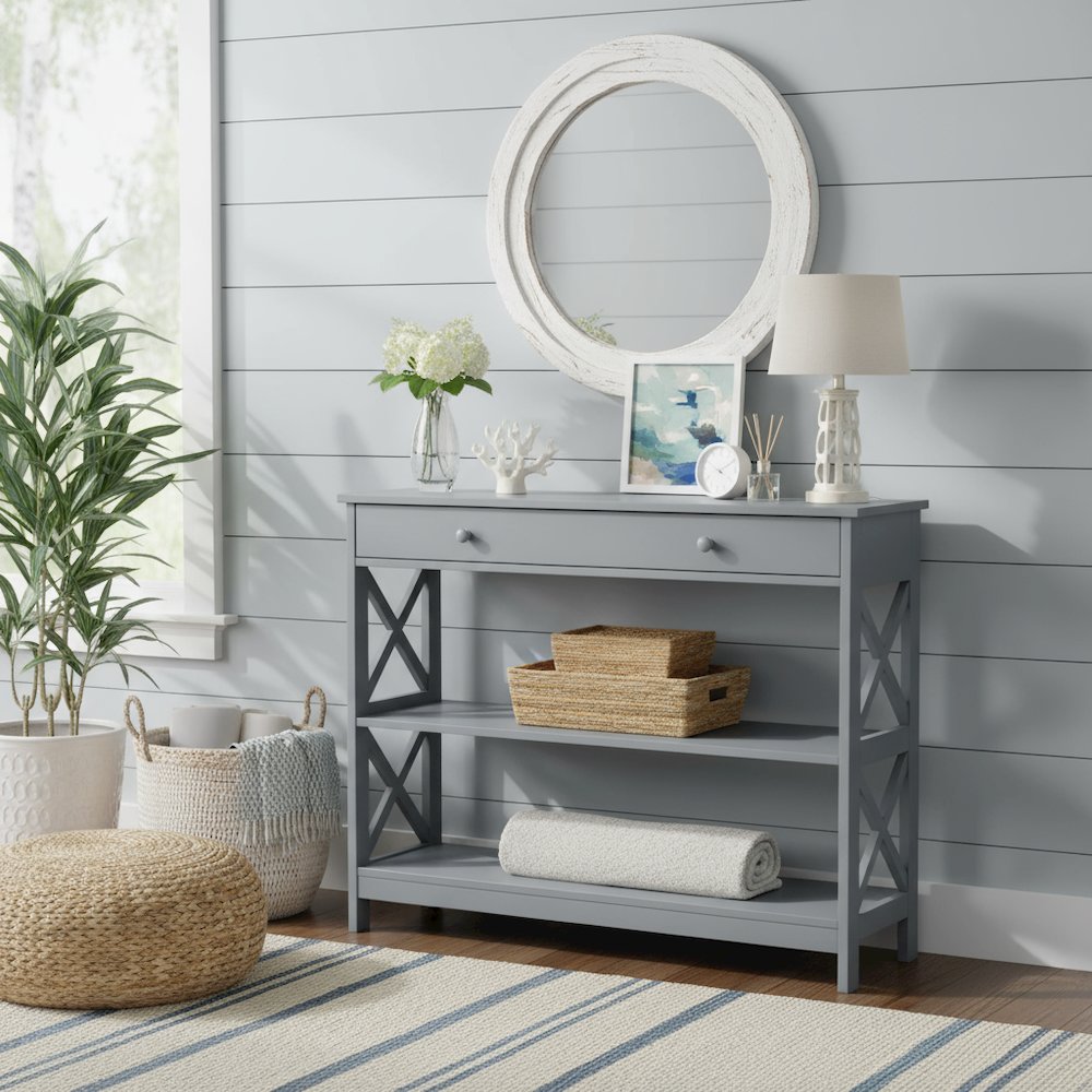 Console Table with 1 Drawer and 3 Tiers of Shelving, Gray Wood, 12-inch Depth. Picture 3
