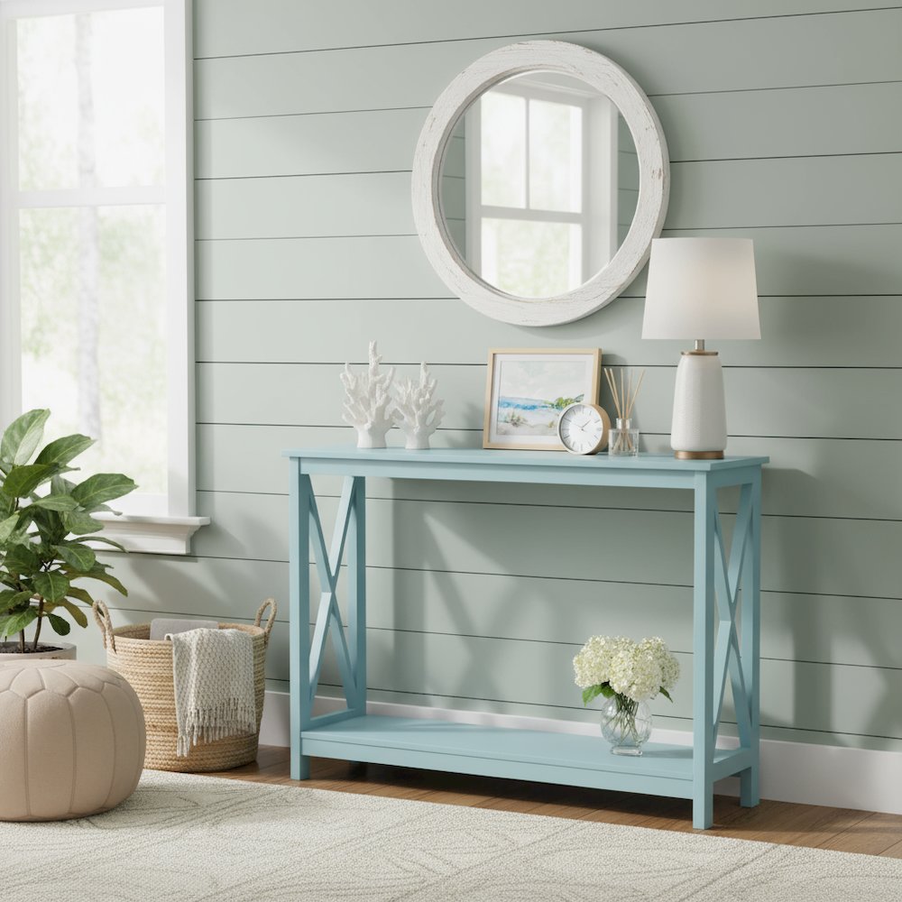 Console Table 2 Shelves, 39.5-inch Wide, Spacious Design, Blue Woodgrain Accent. Picture 3