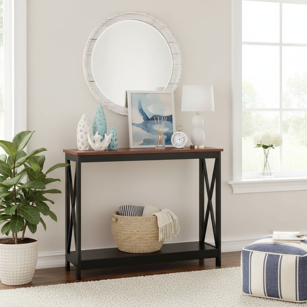 Console Table with Two Shelves in Brown Woodgrain Finish, Easy to Assemble Piece. Picture 2