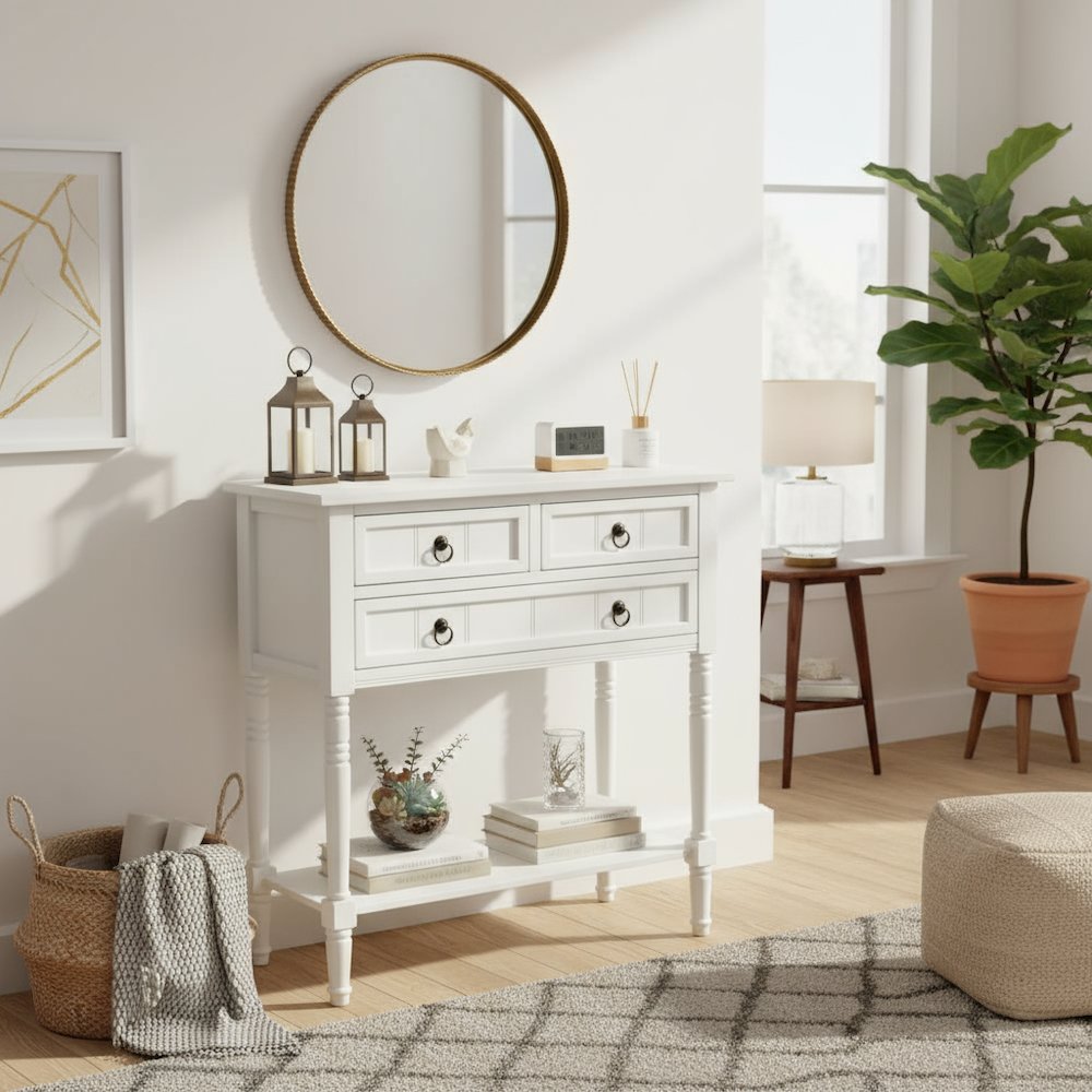 Kendra Hall Table with 3 Drawers and 2 Shelves, White Finish,2-Step Assembly. Picture 3