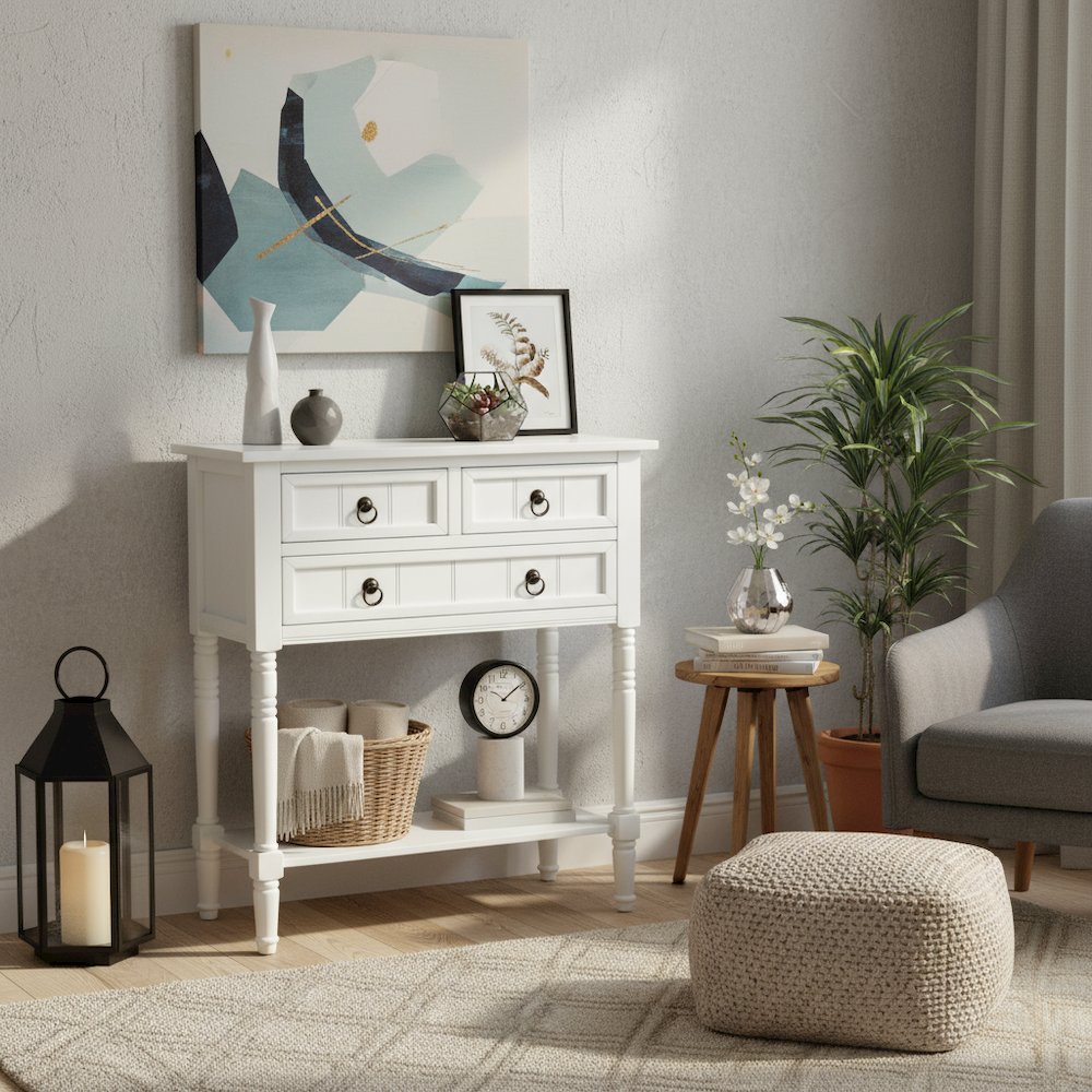 Kendra Hall Table with 3 Drawers and 2 Shelves, White Finish,2-Step Assembly. Picture 2
