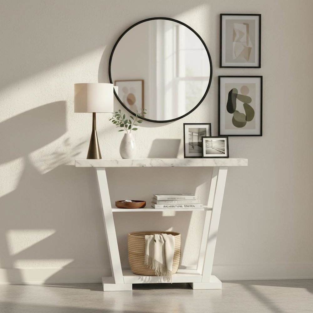 Console Table, Gray Marble, 2 Shelves, Entryway, Sofa. Picture 2