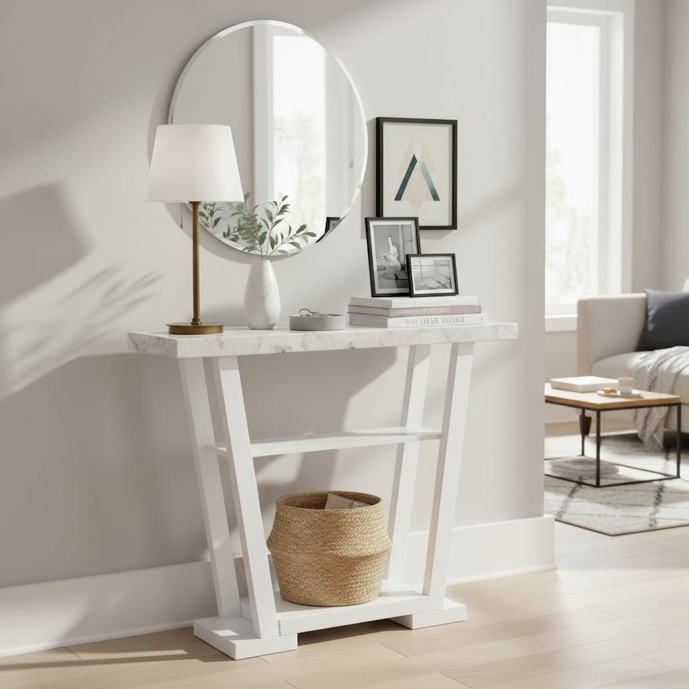 Console Table, Gray Marble, 2 Shelves, Entryway, Sofa. Picture 3