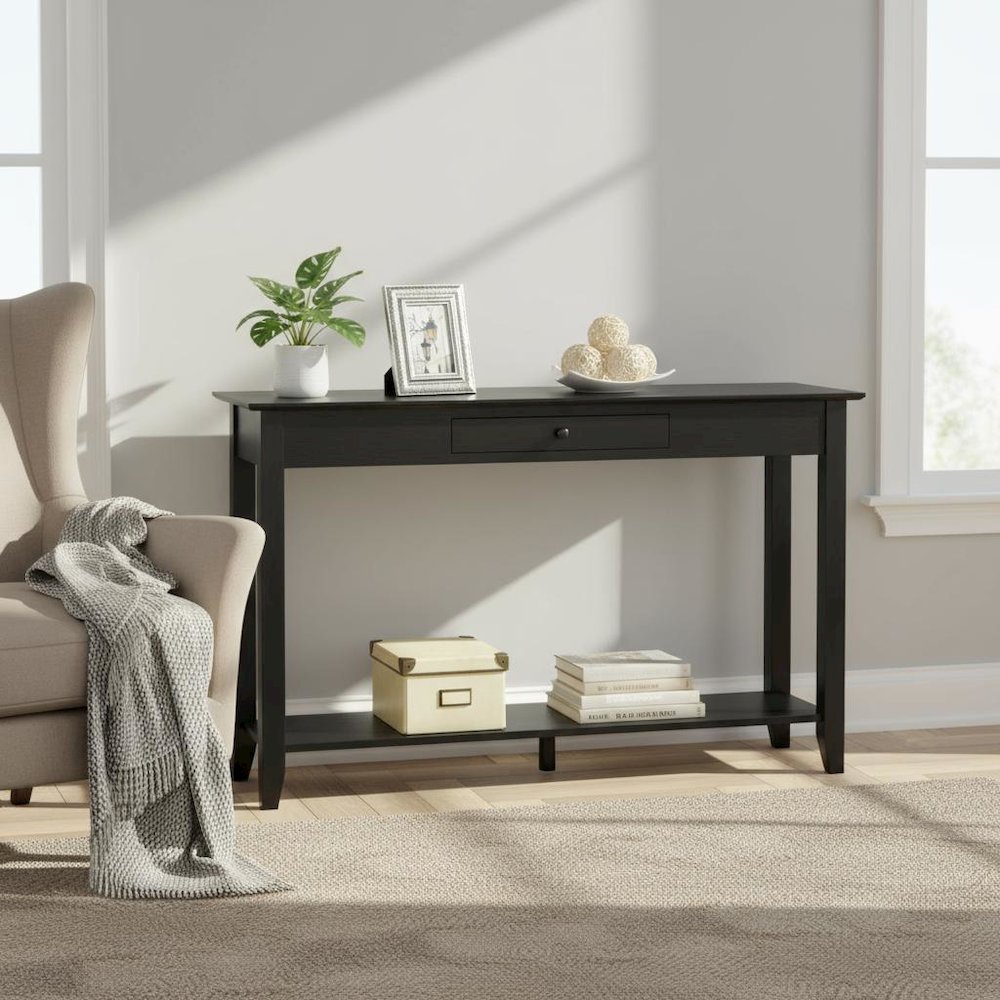 Classic Console Table, Black, Drawer, Shelf, Entryway Accent. Picture 2