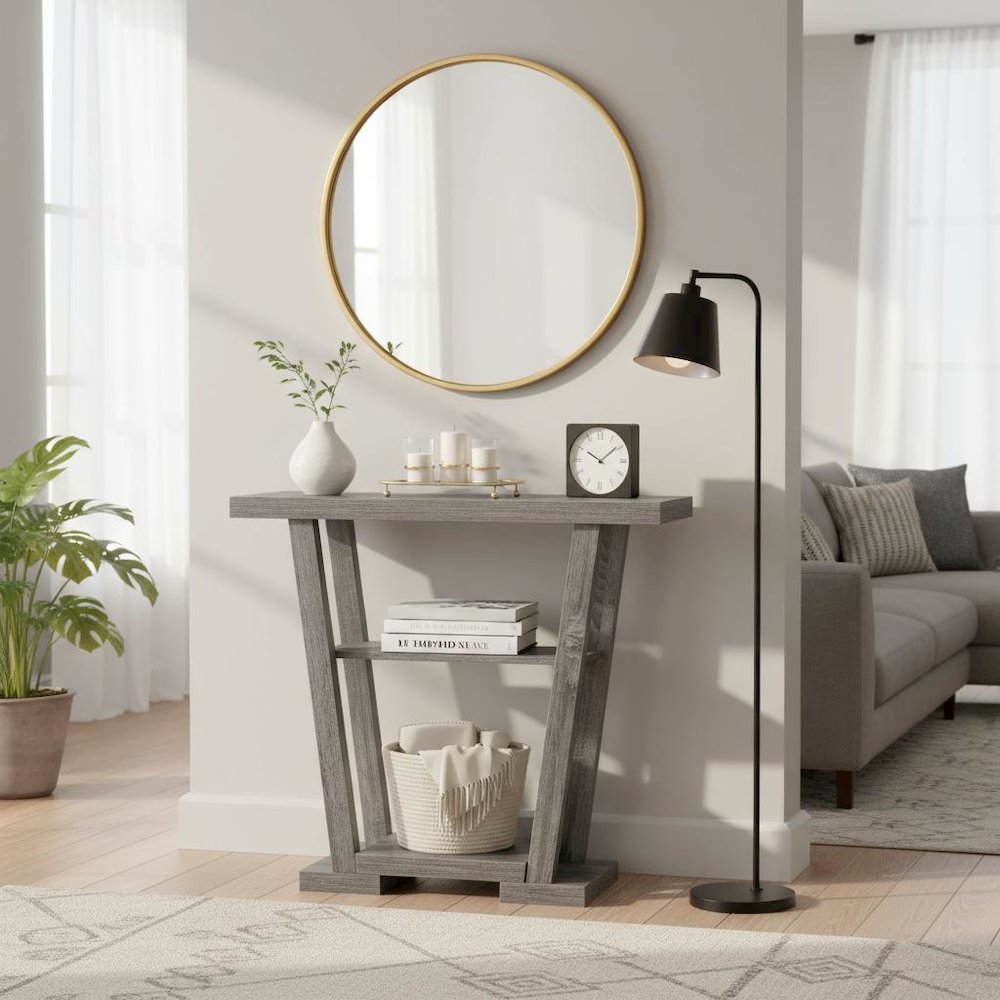 Console Table, Gray Woodgrain, 2 Shelves, Entryway, Sofa. Picture 2