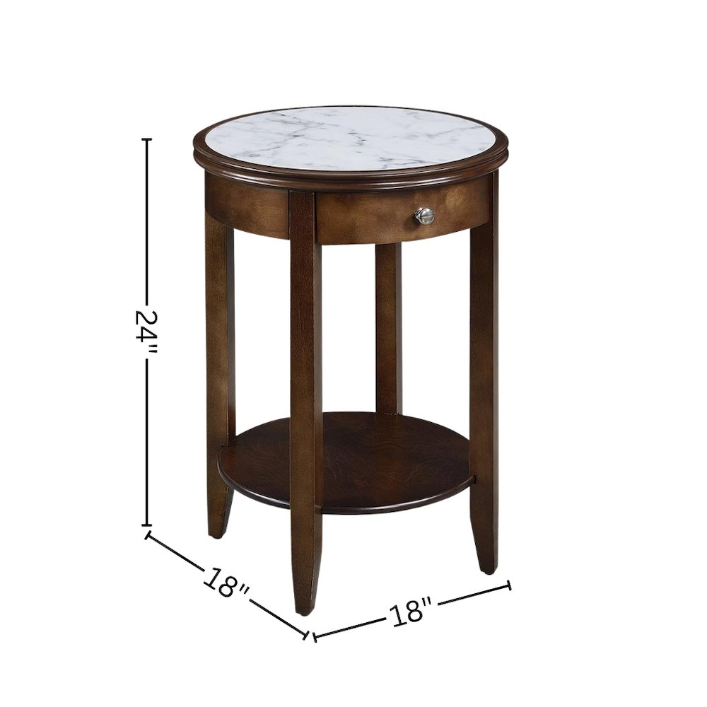 Faux Marble End Table, White, Drawer, Shelf, Espresso Wood. Picture 6
