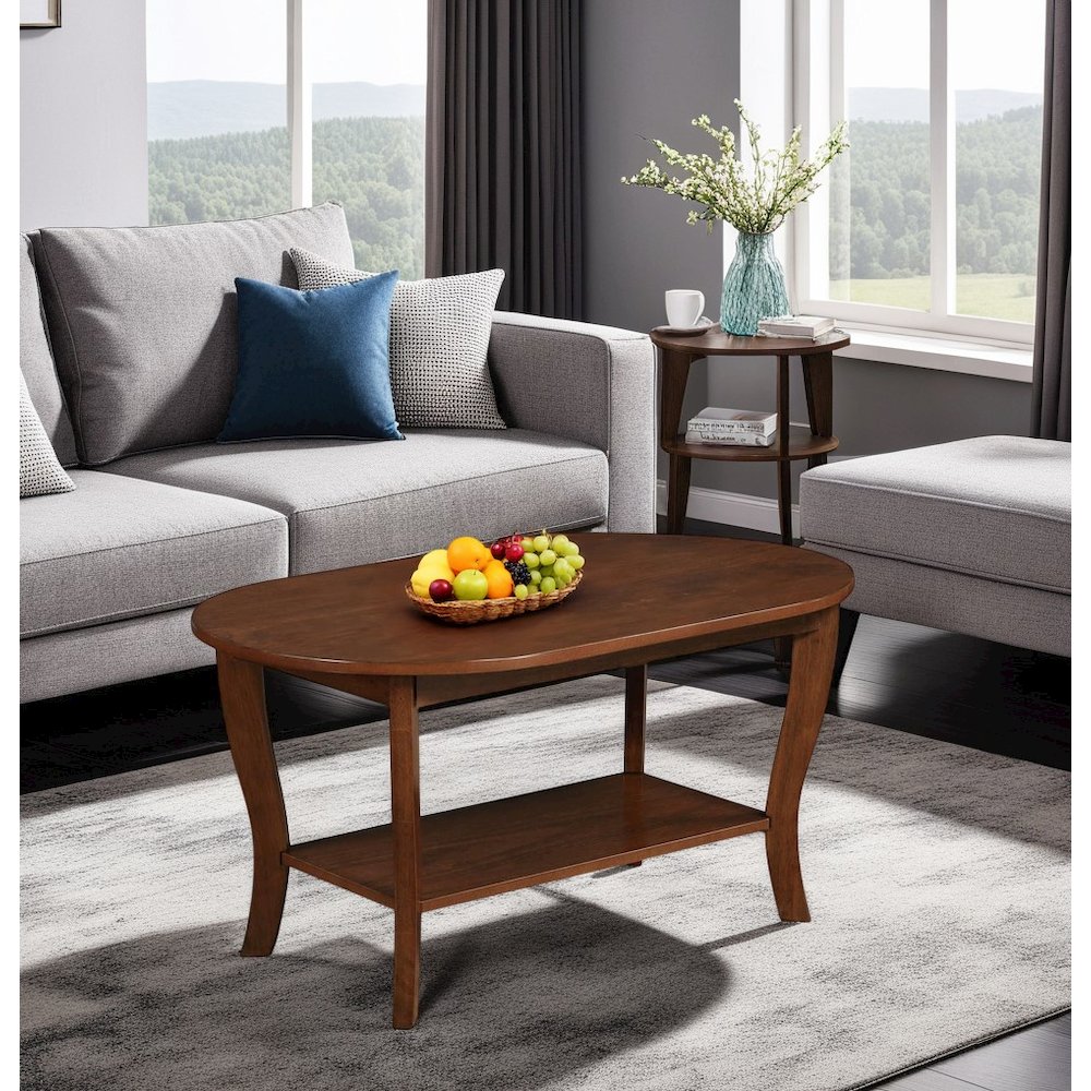 Brown Oval Coffee Table with Lower Shelf for Storage and Stylish Display. Picture 4