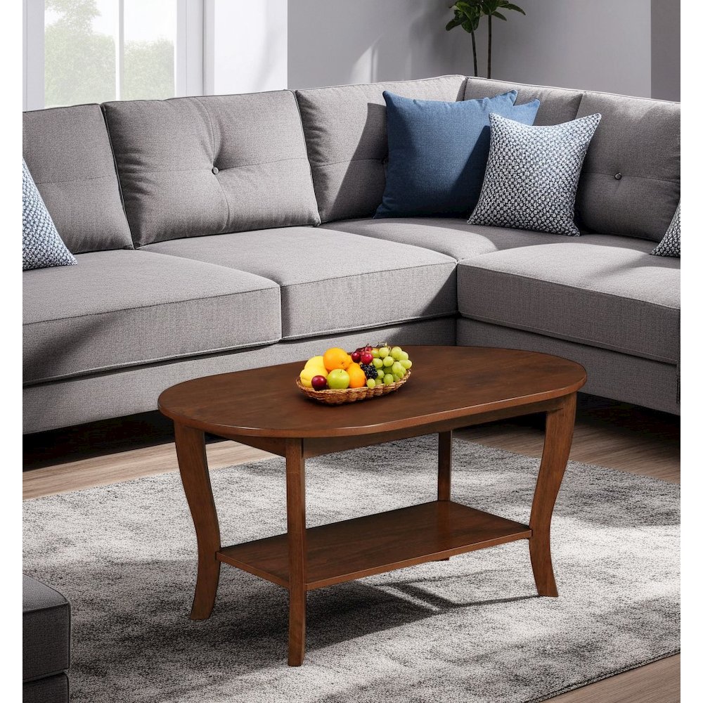Brown Oval Coffee Table with Lower Shelf for Storage and Stylish Display. Picture 5