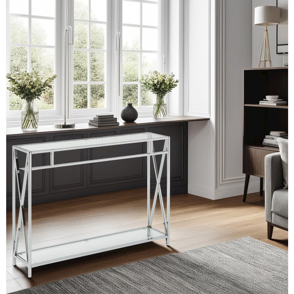 Clear Glass Console Table with Chrome Metal Tube Frame. Picture 4