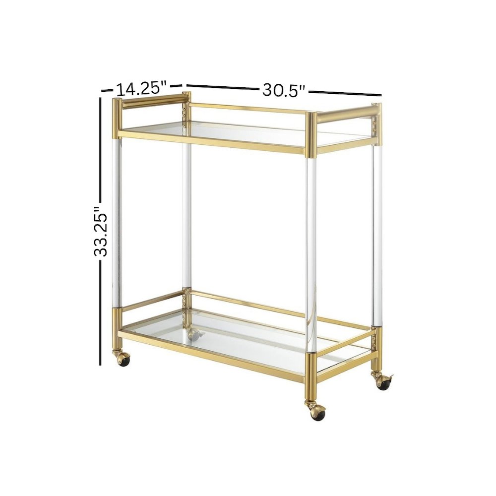 Bar Cart with 2 Tiers of Glass, Acrylic Legs, Locking Casters in Gold Chrome. Picture 7