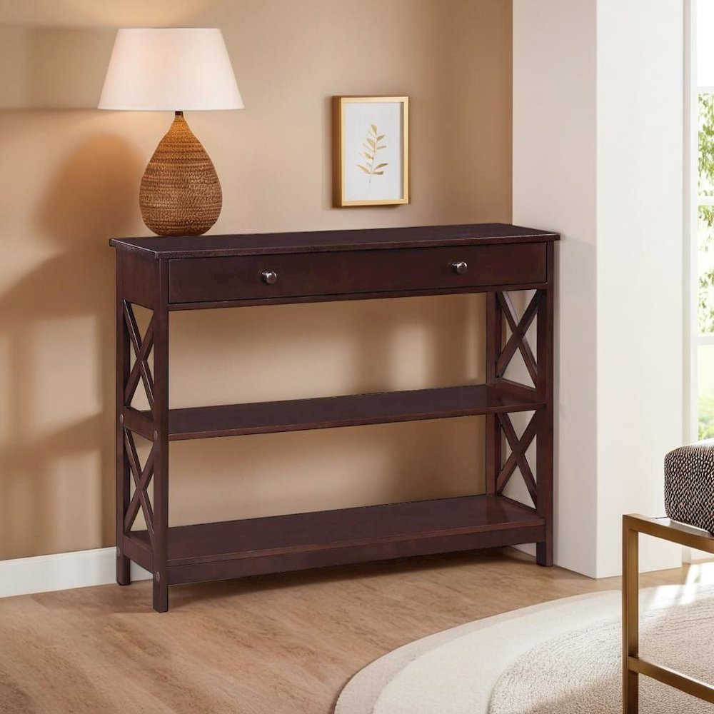 Brown Console Table with 1 Drawer and Shelves, MDF Construction for Storage. Picture 4