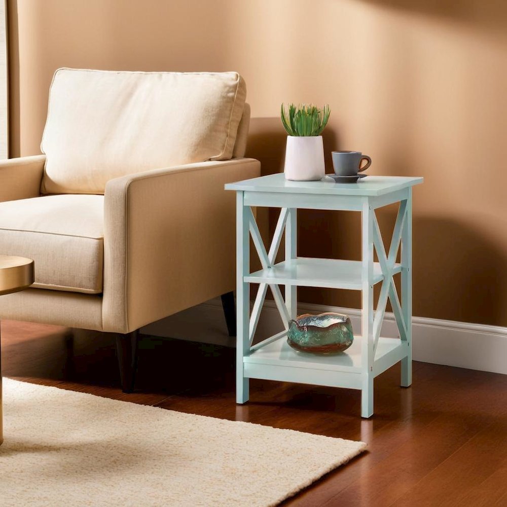 Sea Foam Blue End Table with Shelves for Storage and Stylish Decor. Picture 4