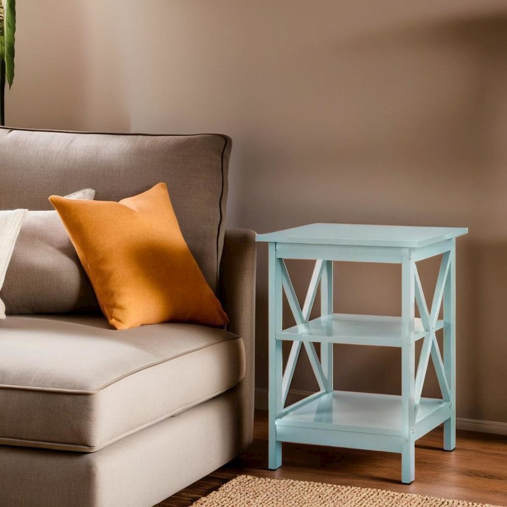 Sea Foam Blue End Table with Shelves for Storage and Stylish Decor. Picture 5