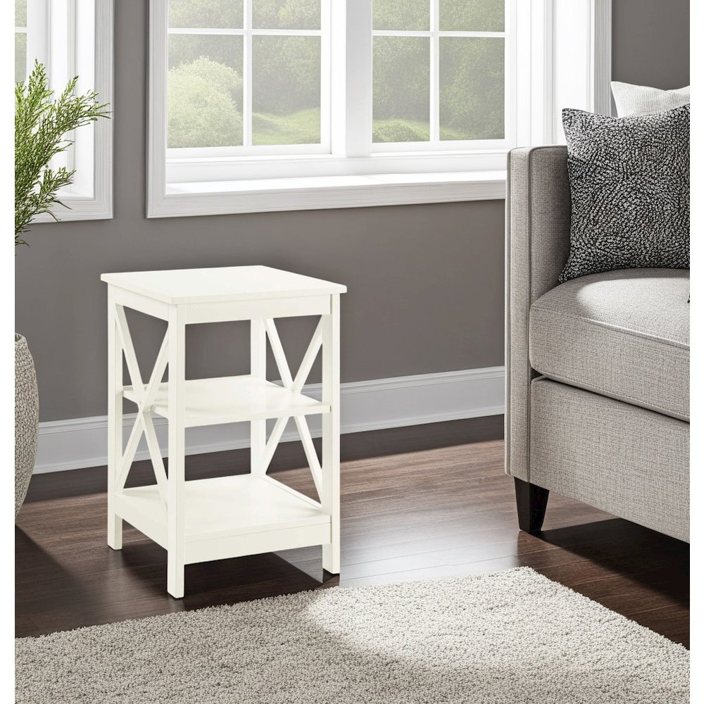 Elegant White End Table with Shelves for Storage and Organization in MDF. Picture 4