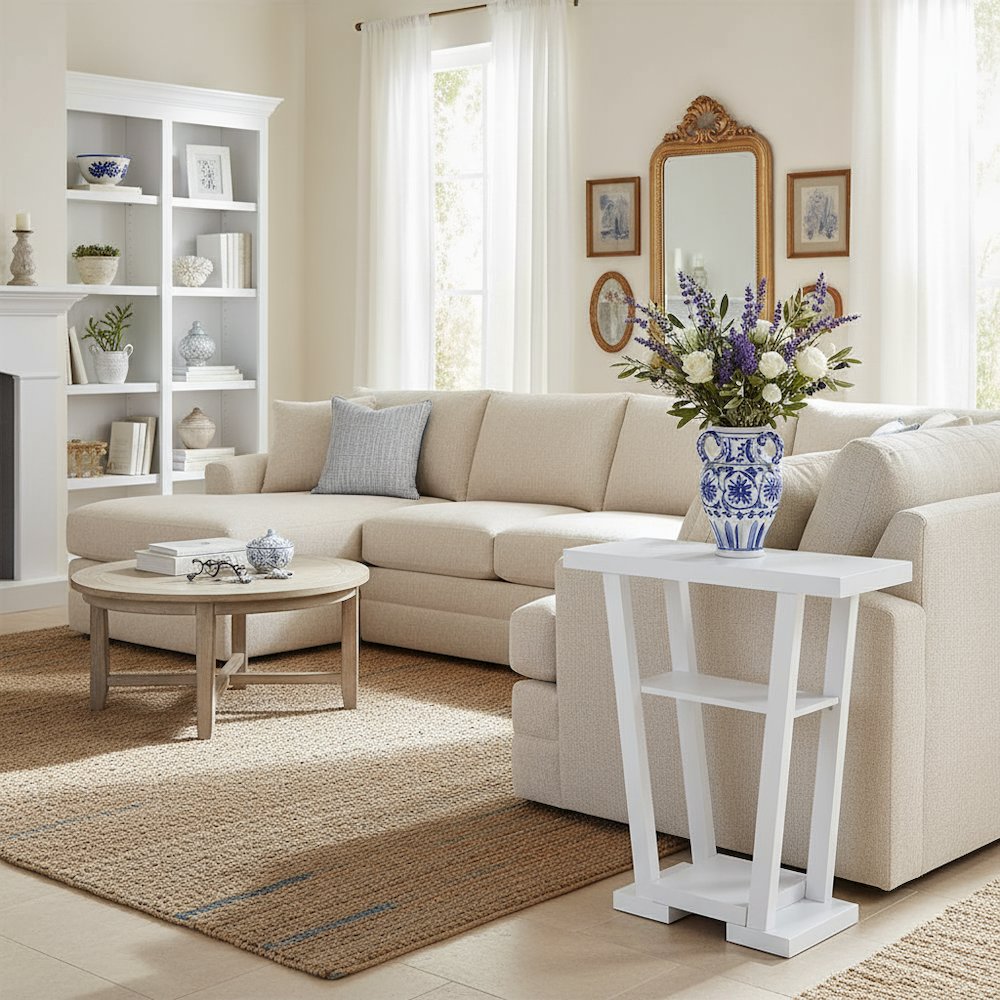 Newport Console Table with Two Shelves, Versatile Use in White Woodgrain Finish. Picture 2