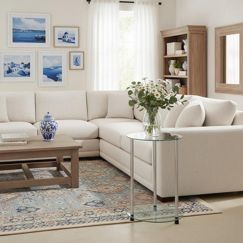 Contemporary Glass Side Table, Round, Chrome Legs, Easy Setup. Picture 3