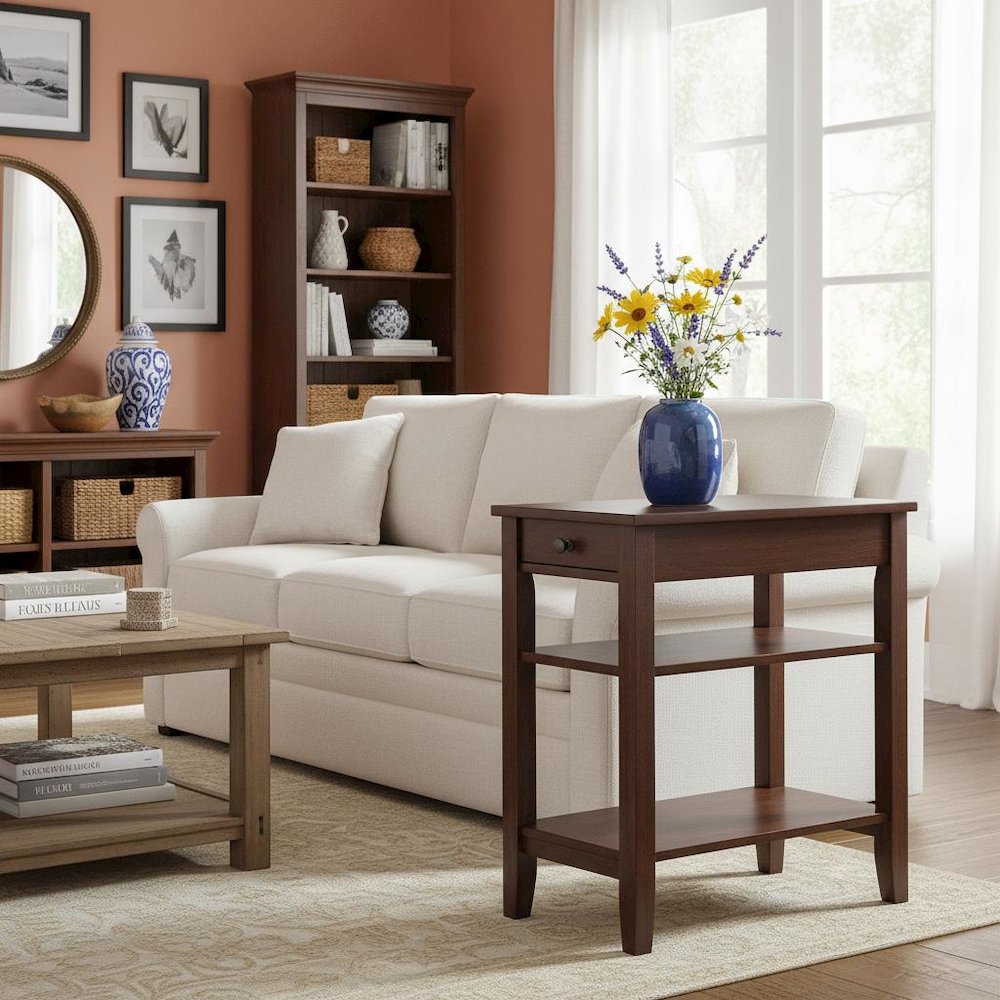 Chairside End Table, Brown, Drawer, Three Tier Shelving. Picture 3