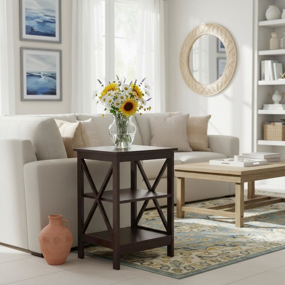 End Table, Espresso, 3 Tier Shelving, Square, Wood. Picture 2