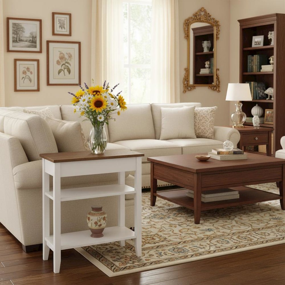 Chairside End Table, Brown, Drawer, Three Tier Shelf, Narrow. Picture 3