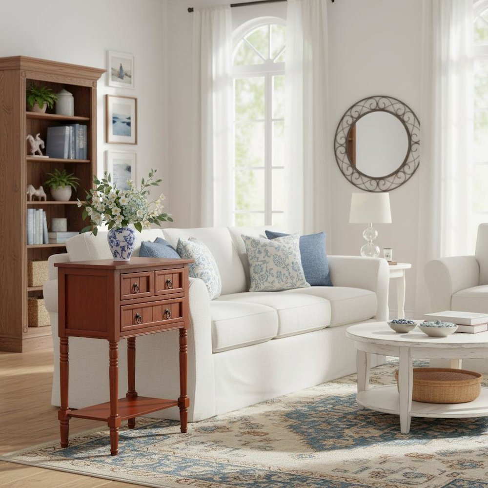 Entryway Hall Table, Cherry, 3 Drawers, 2 Shelves, Quick Setup. Picture 2