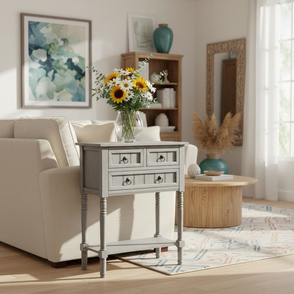Entry Hall Table, Wirebrush Gray, 3 Drawers, 2 Shelves. Picture 5